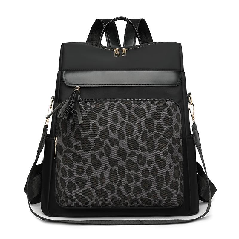 Vintage Leopard Print Stitching Backpack Multi-functional Shoulder Bag Large Capacity Student Backpack
