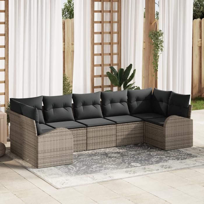 VidaXL Ensemble de Canapés de Jardin 7 Pièces avec Coussins Gris Poly Rattan 3354858