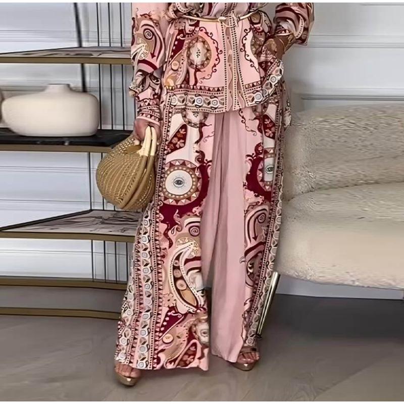 Women's Fashion Graffiti Print Lapel Shirt Trousers Two-piece Suit Summer Retro High Street Lady Elegant Suit