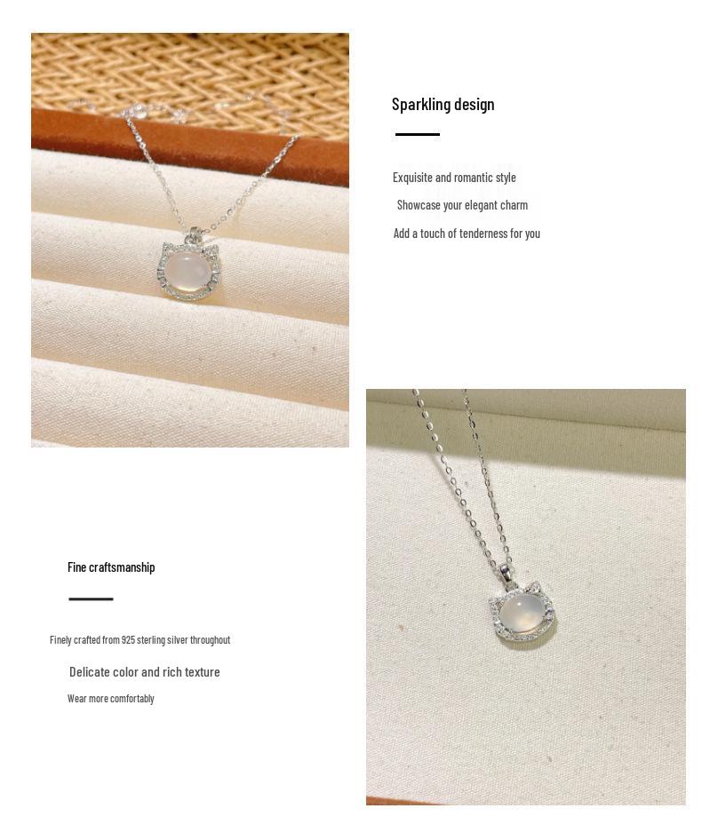 S925 Sterling Silver Chalcedony Cat Necklace with Zircon Pendant