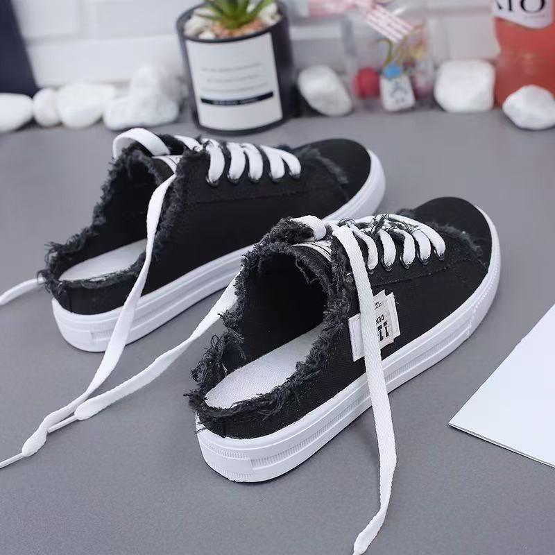Canvas shoes female students spring new semi-drag lazy one pedal versatile breathable large size white shoes board shoes