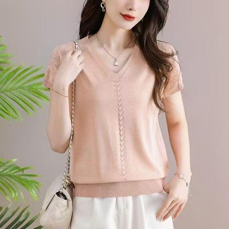 Women's Knitted T-shirt Summer Middle Aged Mom Summer Clothes Short Sleeved T-shirt Women's V-neck Shirt