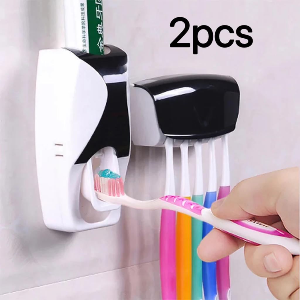 1set Automatic Toothpaste Dispenser And Toothbrush Holder Set Wall Mounted Toothbrush Rack Plastic Bathroom Storage Rack With
