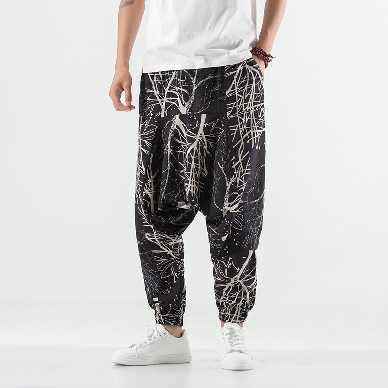 2026 Spring Men's Chinese-Style Cotton Linen Harem Pants - Printed Hip Hop Trousers