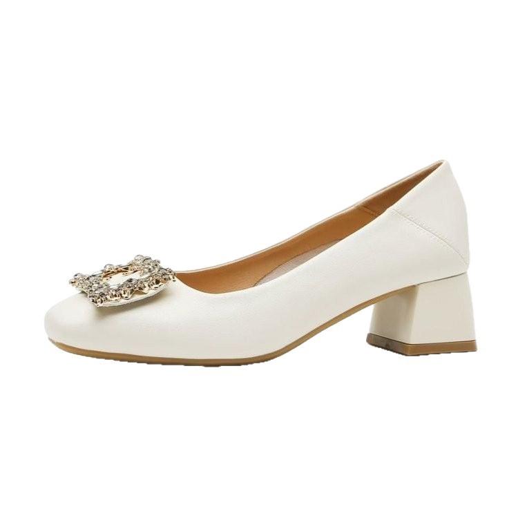 High Sense Fashion Thick Heel Single Shoes Women's 2025 Autumn Rhinestone Medium Heel Light Mouth Laden Shoes French Professional High Heels