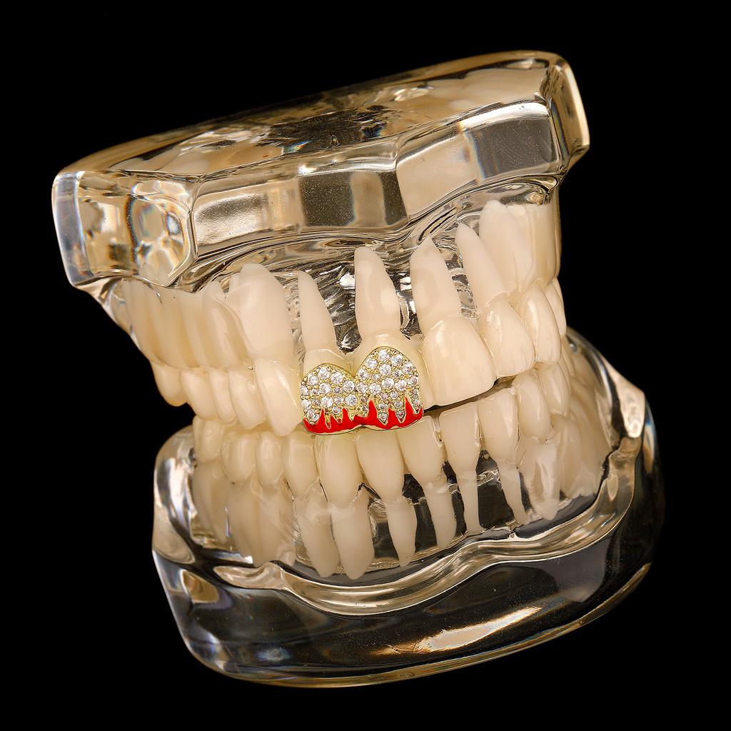 New Single and Double Flame Pattern Full Zircon Gold Teeth Halloween Hot Cosplay Versatile Dental Jewelry Braces Wholesale