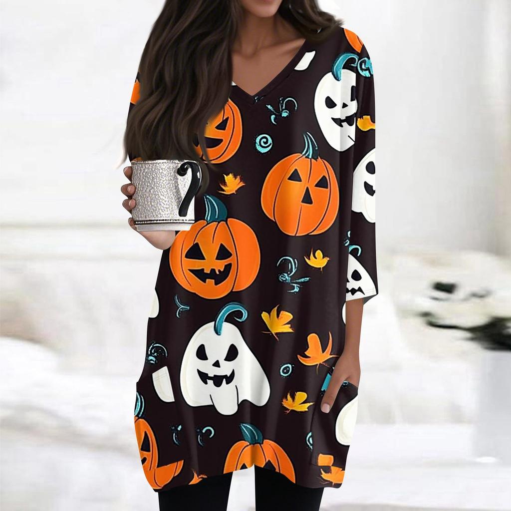 Womens Tops V-neck 3/4 Sleeve Blouses Casual Mid-length Shirts Fashion Halloween Print Tunic Tops With Pockets