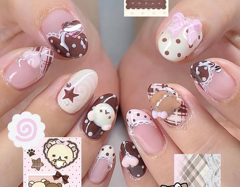 Handmade 3D Cute Rabbit Cat Pink Chocolate Dessert Cream Cartoon Almond Shaped Press On Nails Art Stickers