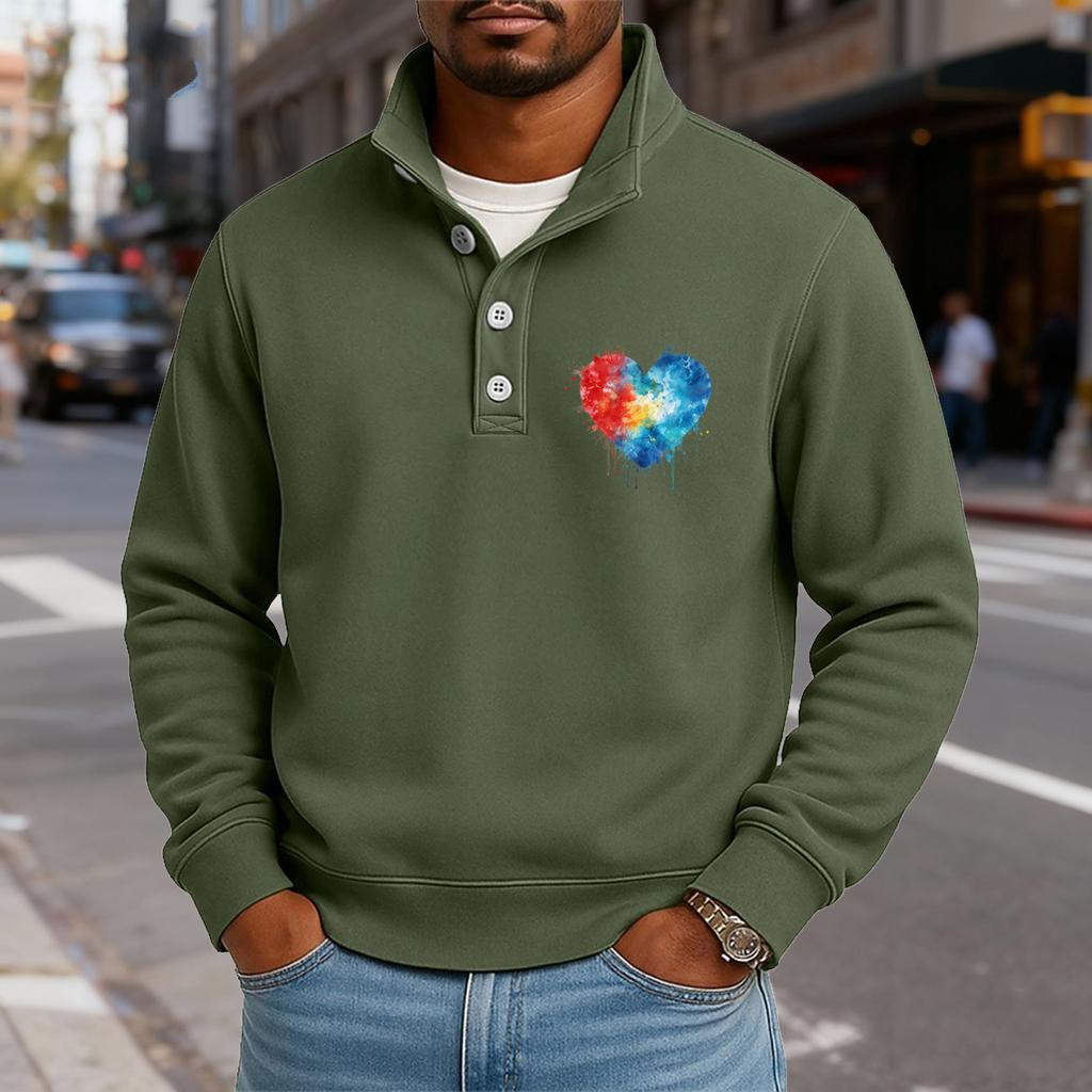 Men's Casual Stand-Up Collar Long-Sleeve Top Print Button-Down Sweatshirt