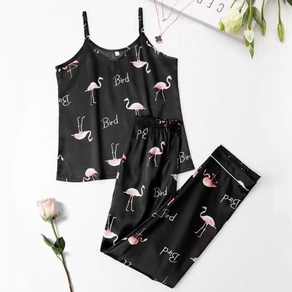 2Pcs/set Ladies Camisole Pajamas Set Simulation Silk Printing Backless Adjustable Sleeveless Trousers College Students Homewear