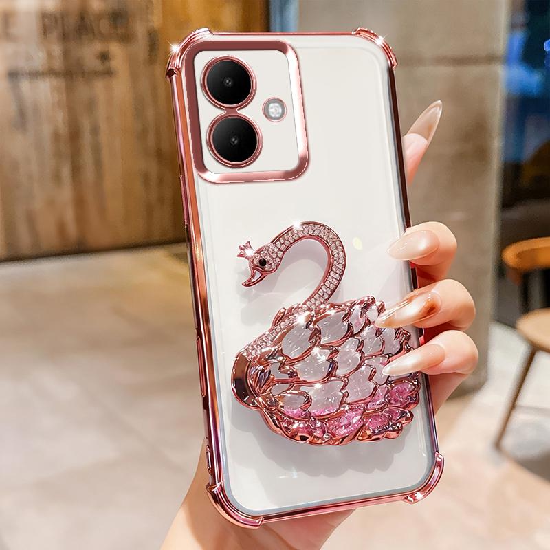 KEYSION Shockproof Plating TPU Phone Case for TECNO Spark Go 2 Pop 10 Glitter Jewelled Swan Kickstand Cover for Infinix Smart 10