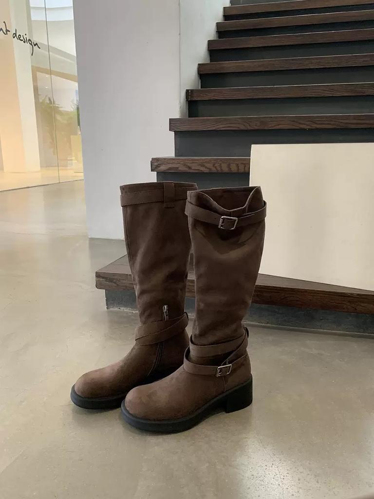 Sheepskin~ Korean version niche design belt buckle two wear boots retro suede temperament trouser tube boots thin knight boots