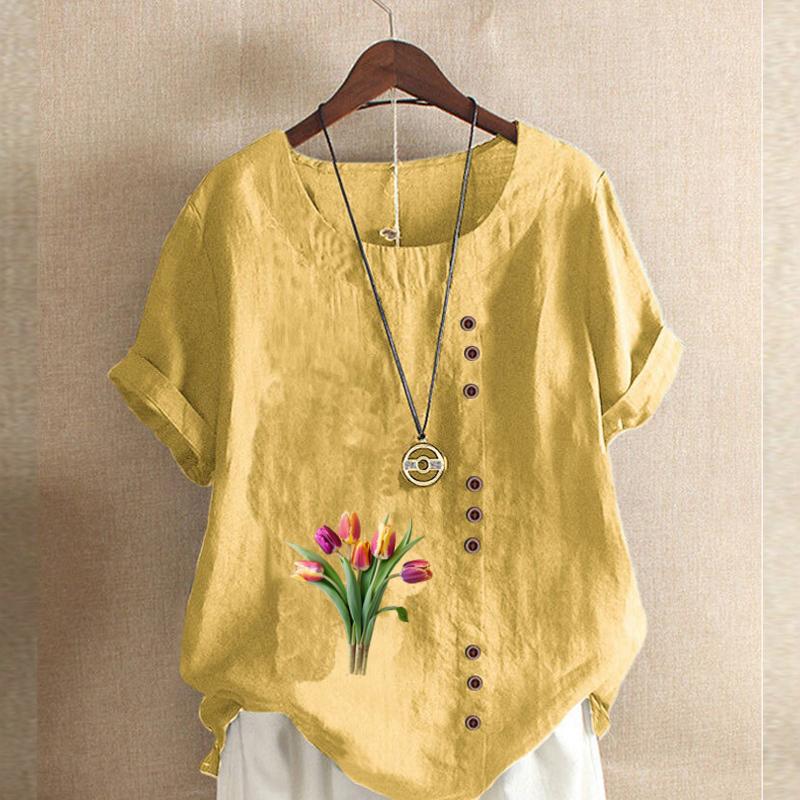 Women's Fashion Tulips Prined Short Sleeve T-shirt Loose Cotton Shirt Casual Loose Summer Blouse Tops Plus Size