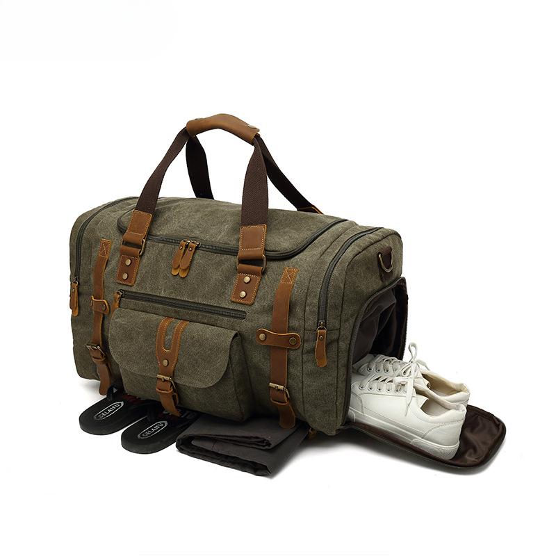 Leisure Canvas Travel Bag Leather Sports Fitness Bag Dry Wet Separation Luggage Bag More Storage