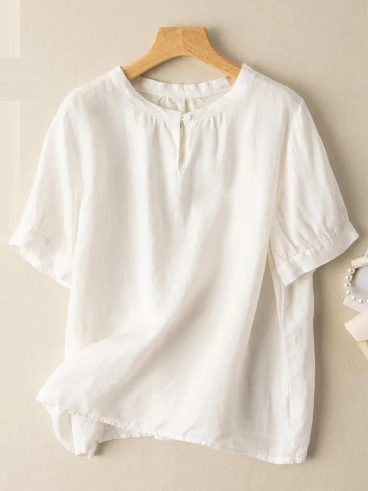 

Literary large-size casual cotton and linen short-sleeved t-shirt women s summer solid color versatile loose and thin design crew neck top M
