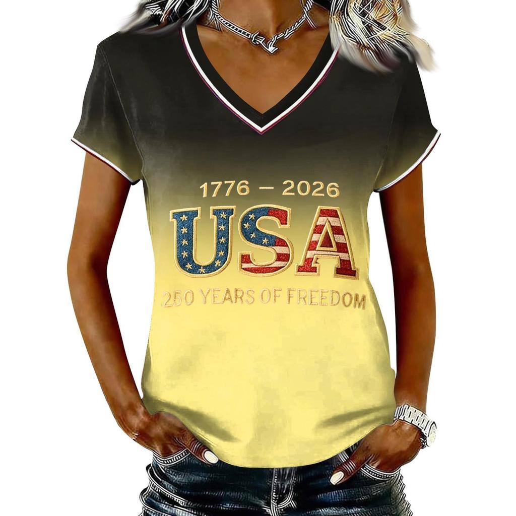 Women Casual V Neck Short Sleeve Pullover T Shirt Gradient Print USA Independence Day Graphic Top