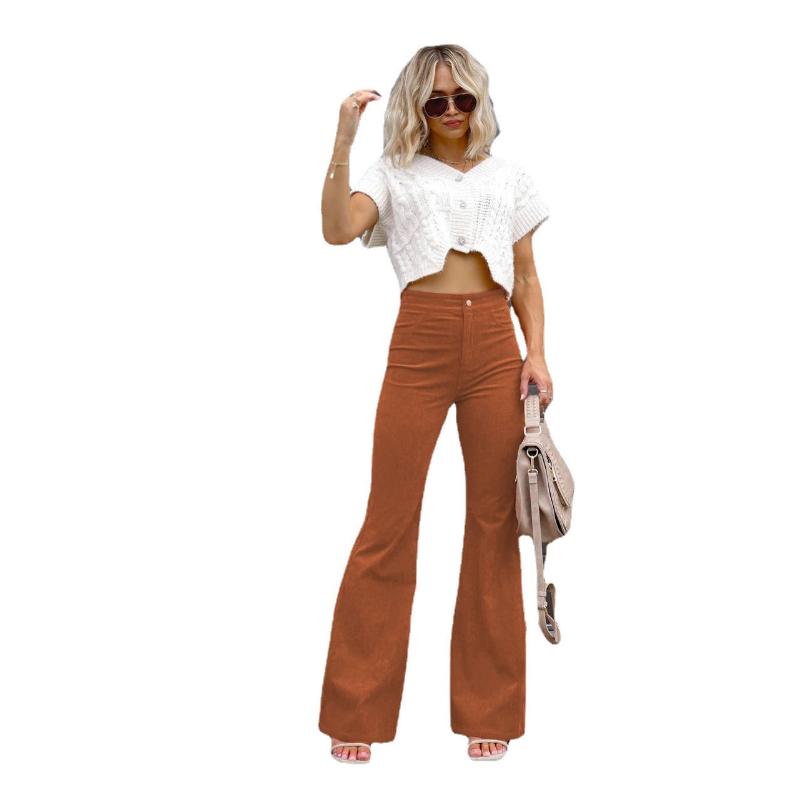 Women's Winter High Waisted Flared Corduroy Pants Solid Color Elegant Stretchy Slim Fit Casual Warm Full Length Bell Bottom Trousers