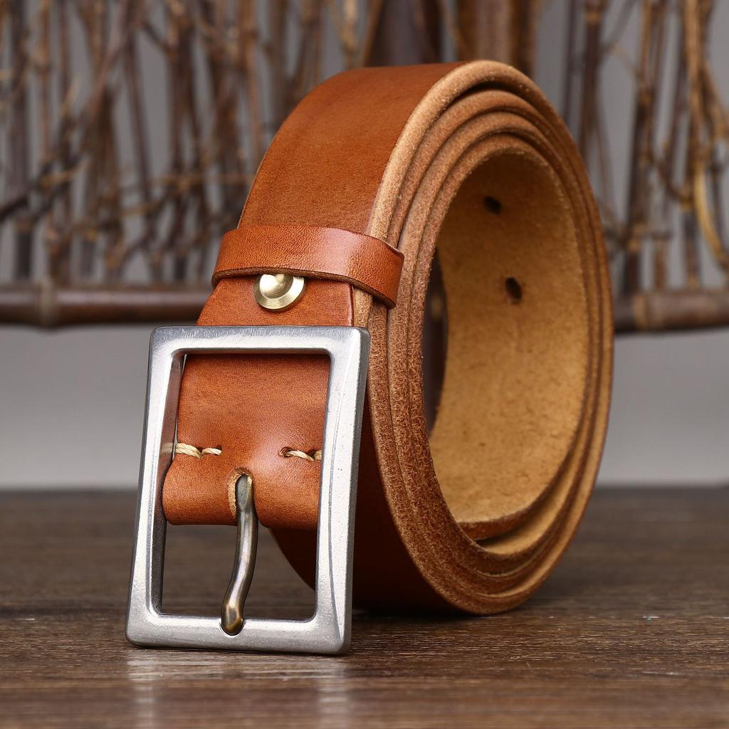 Belt Men's Stainless Steel Buckle Tea Core Leather Thickened First Layer Leather Simple All-Match Casual Jeans Belt Men's