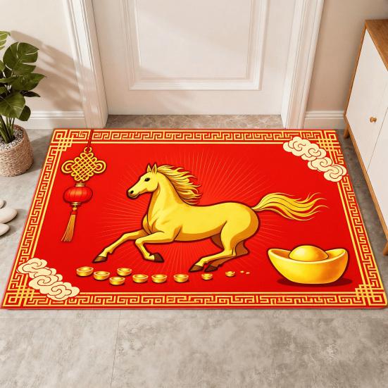 New Year Horse Doormat 2026 Year of The Horse Floor Mat Red Chinese Style Absorbent Anti-Slip Rug for Home Entrance Kitchen Spring Festival Decor