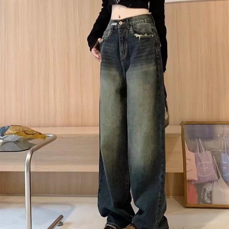 

2024 Осень Женские Джинсы с Высокой Посадкой в Ретро Дизайне для Миниатюрных - Стройнящие Свободные Прямые Широкие Штанины Длинные Брюки XXXL