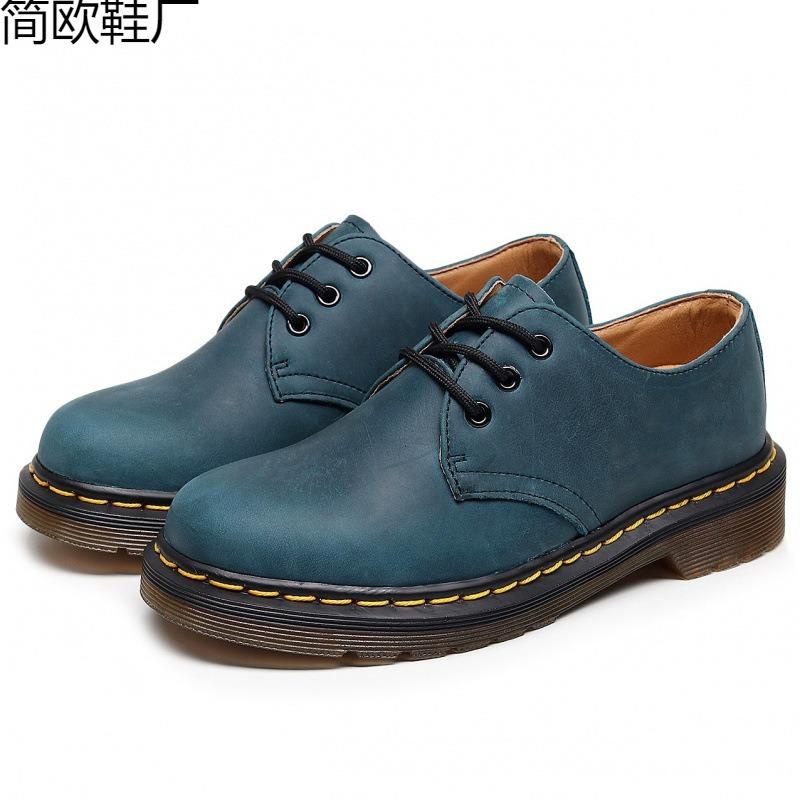 First layer low-top small leather shoes women's leather Crazy Horse blue large size short boots round head men's and women's couples leisure workers