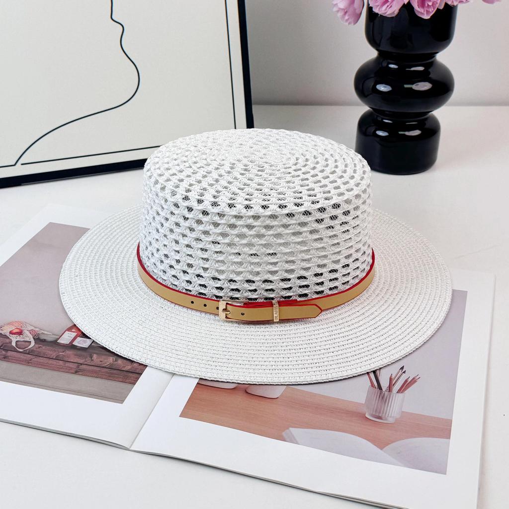 French flat-top straw hat women's high-end hollow belt fashion sunshade sunscreen large brim straw hat seaside beach hat