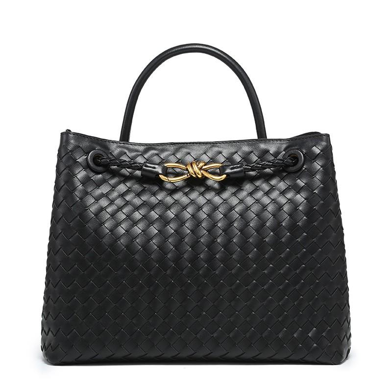 Woven PU Tote Bag With Metal Rope Buckle Large Capacity Shoulder Handbag Women Vintage Style Daily Use