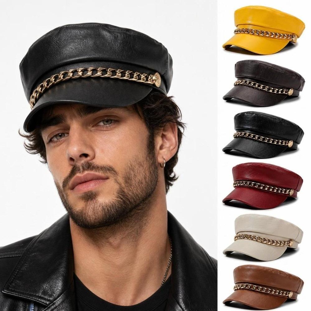 Solid Color Newsboy Cap PU Leather Flat Top Cap Fashion Baker Boy Cap Casual Street Wear