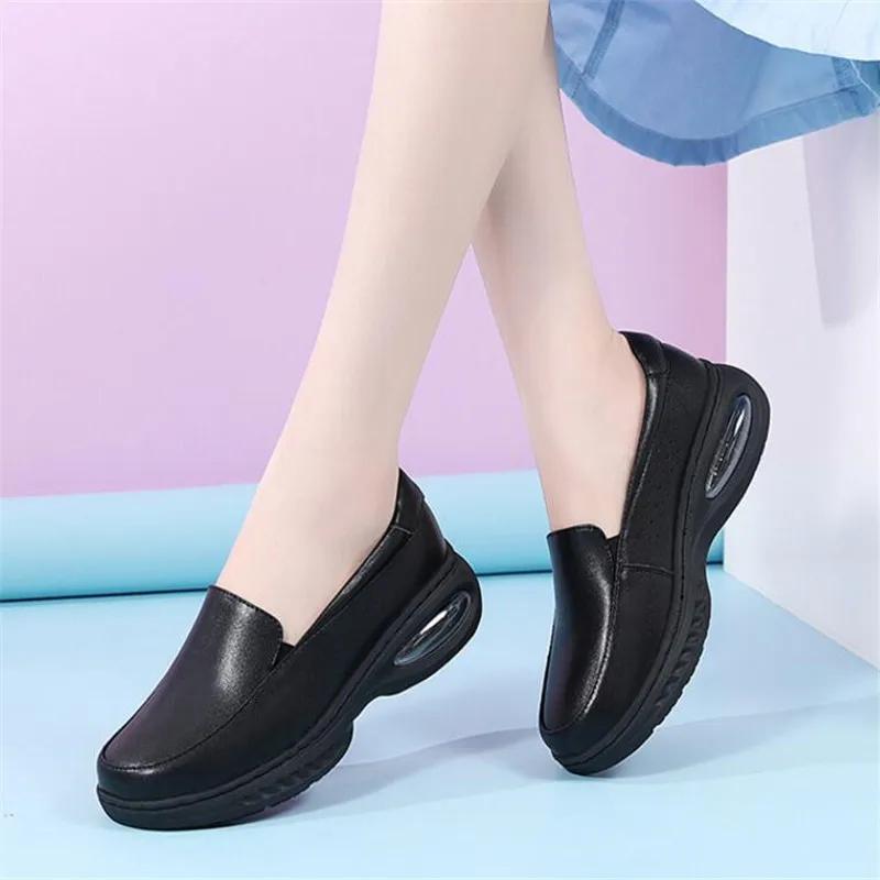 Genuine Leather Women Loafers Wedge Air Cushion Casual Walking Shoes Nurse Work Flats Breathable Comfort Nursing Shoes Soft Sole