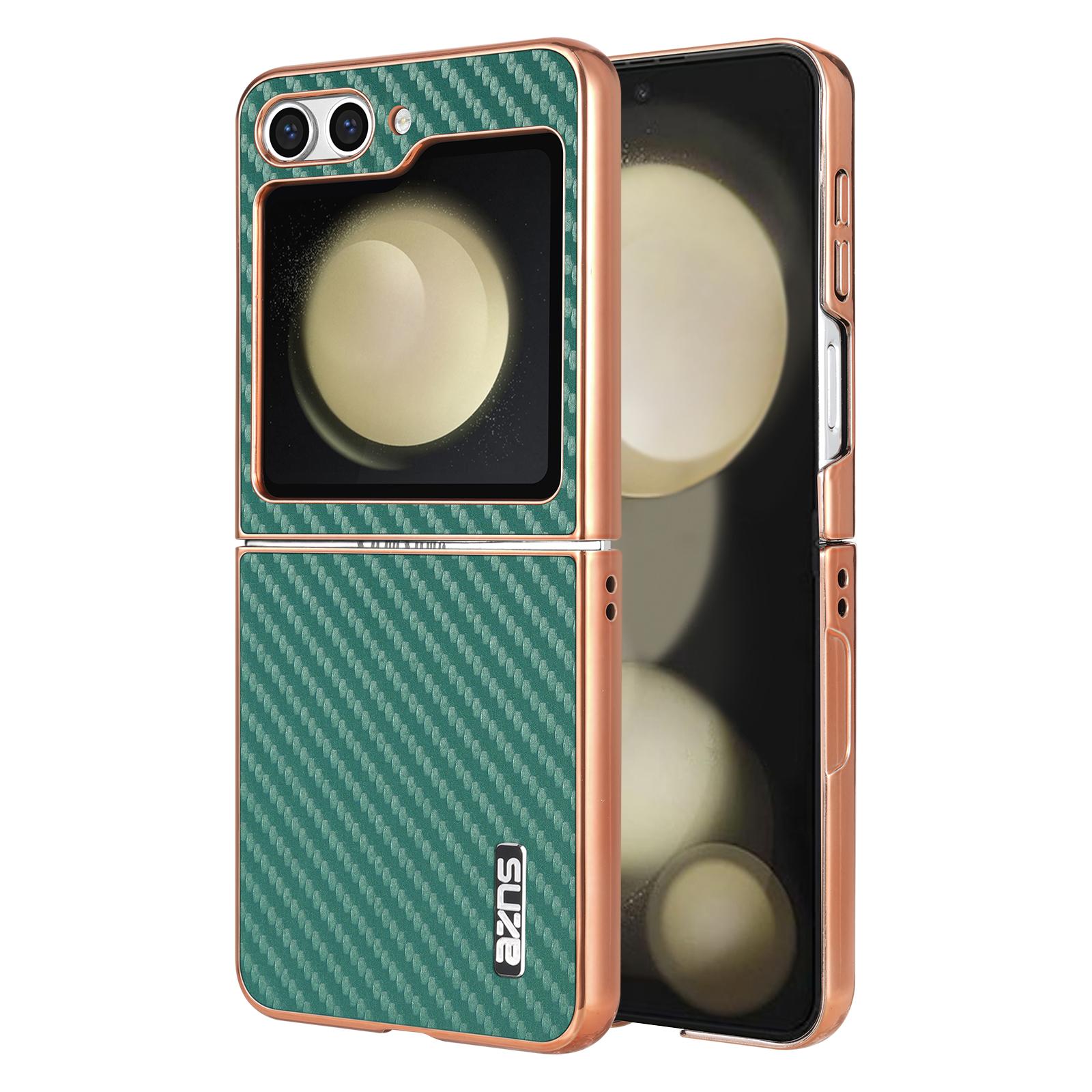 

For Samsung Galaxy Z Flip5 5G Case Electroplating Carbon Fiber Texture PU+PC Phone Cover Green