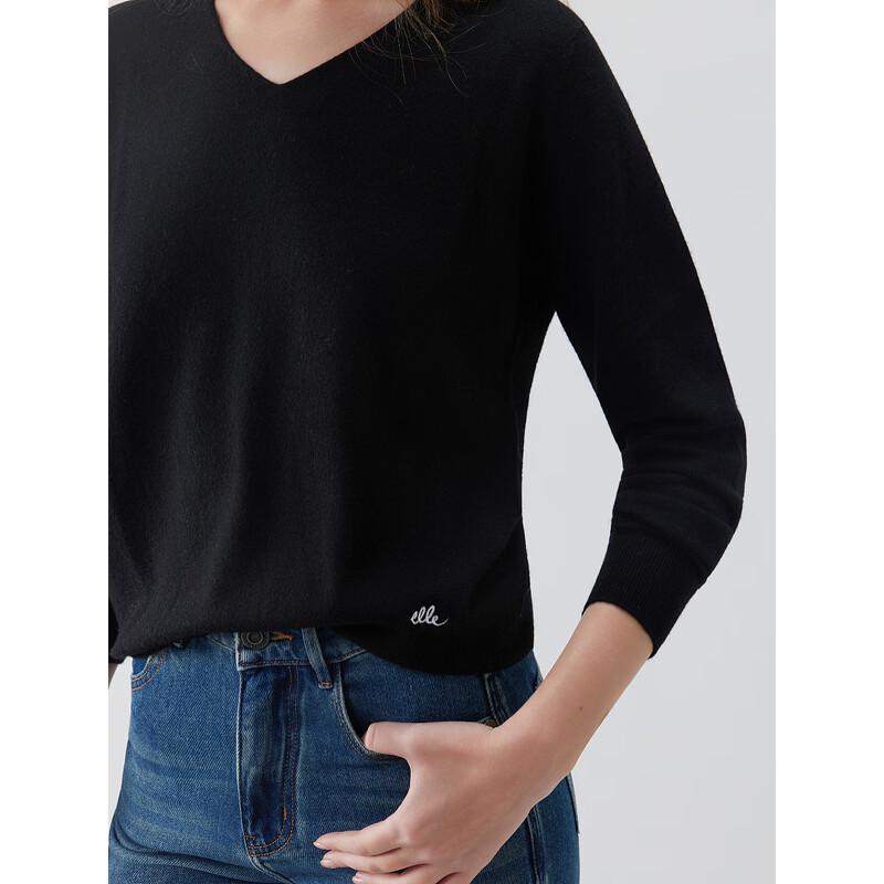 ELLE 100% Sheep Wool Seamless V-Neck Knit Sweater