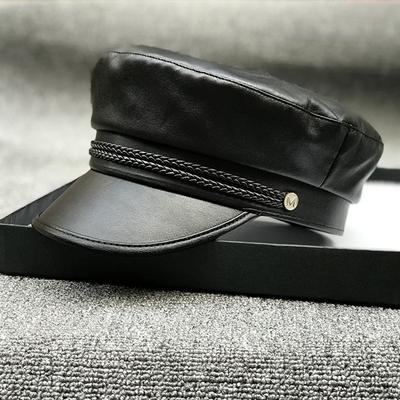 Pu Leather Flat Top Hat M Letter Leather Rope Octagonal Hat Women'S Tide Versatile Beret