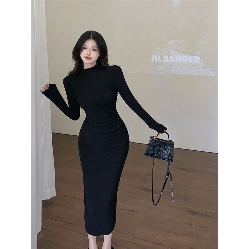 Korean Style Spicy Girl Style Half-high Neck Long-sleeve Dress, Women's Winter New Slimming Inner Layer, Hip-hugging Long Dress