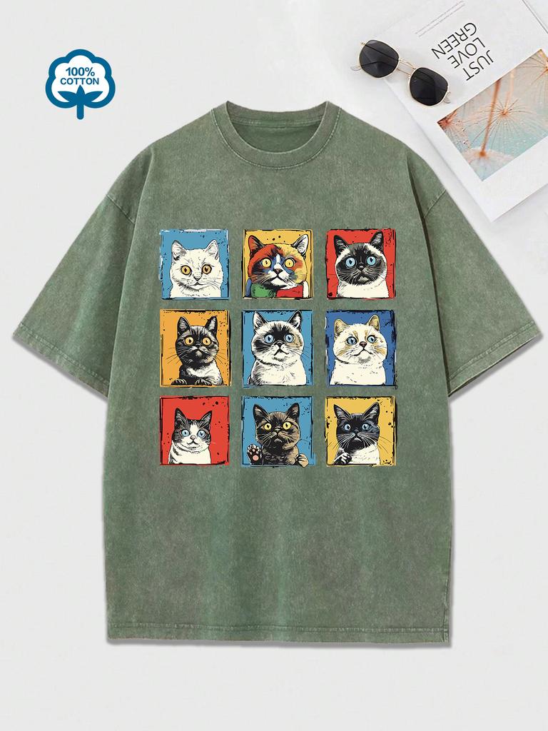Unisex Plus Size Funny Cat Vintage Cat Print TShirt Cotton Crew Neck Short Sleeve Tee Loose Fit Summer Casual Top