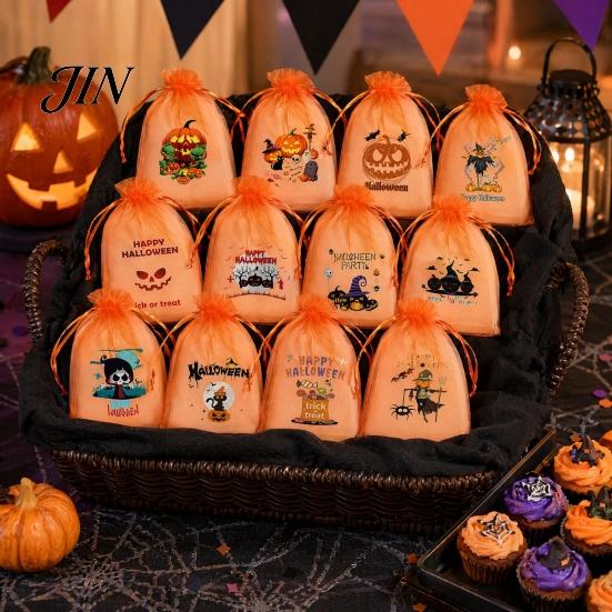 Halloween Candy Bag 12 Pcs Organza Bag, Drawstring Treat Pouch with Pumpkin Ghost Bat Party Favor Print, Sheer for Snacks, Trick or Gift Packaging