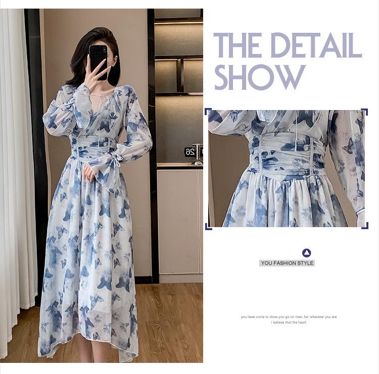 French Tea Break Blue Dress: Waist-Slimming Korean Style with Ruffle Sleeves, Perfect for Vacations