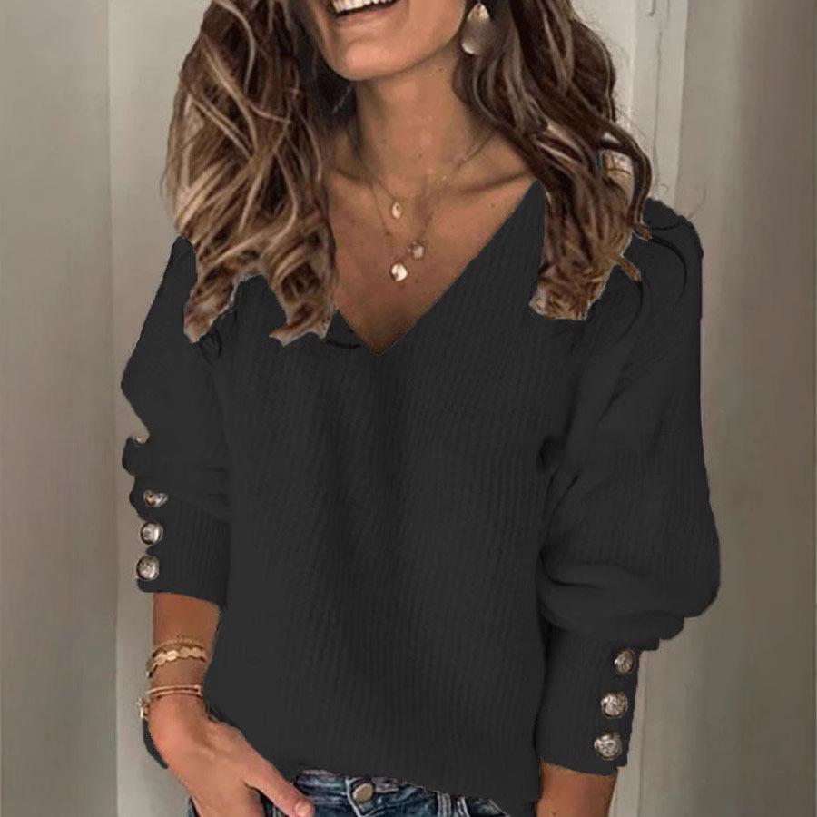 Haut Tricoté à Col V, Coupe Ample, Boutons, Couleur Unie, Printemps et Automne pour Femmes