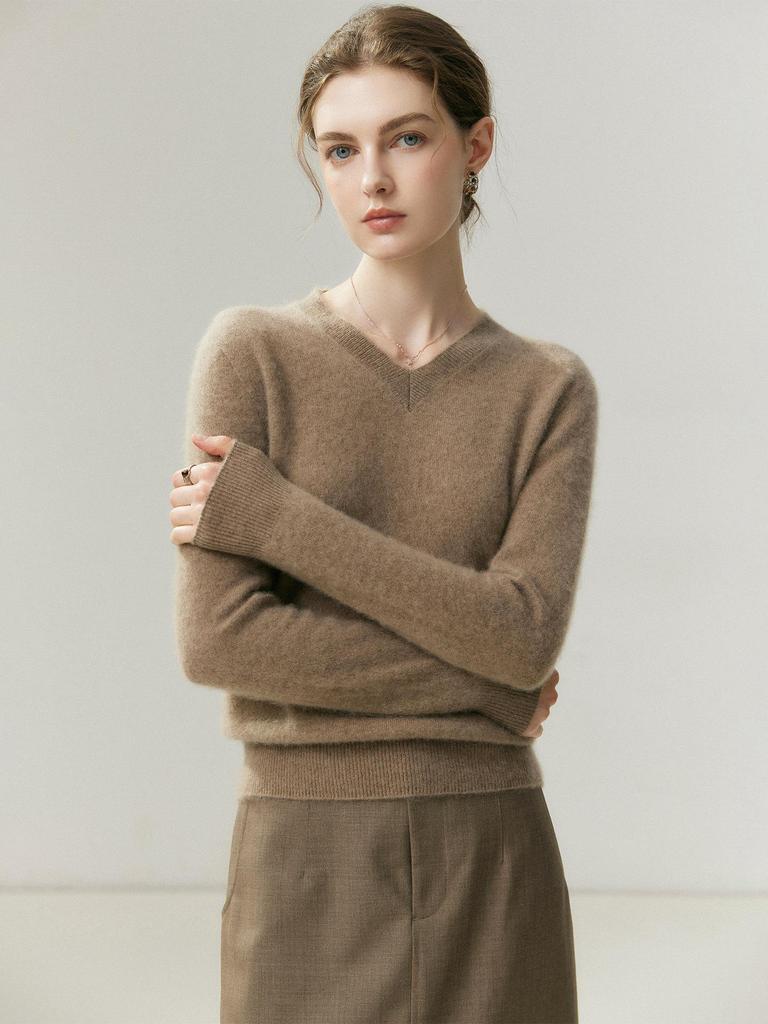 Women's 100% Cashmere V-Neck Knit Sweater - Warm, Loose, Long Sleeve Pullover for Autumn/Winter