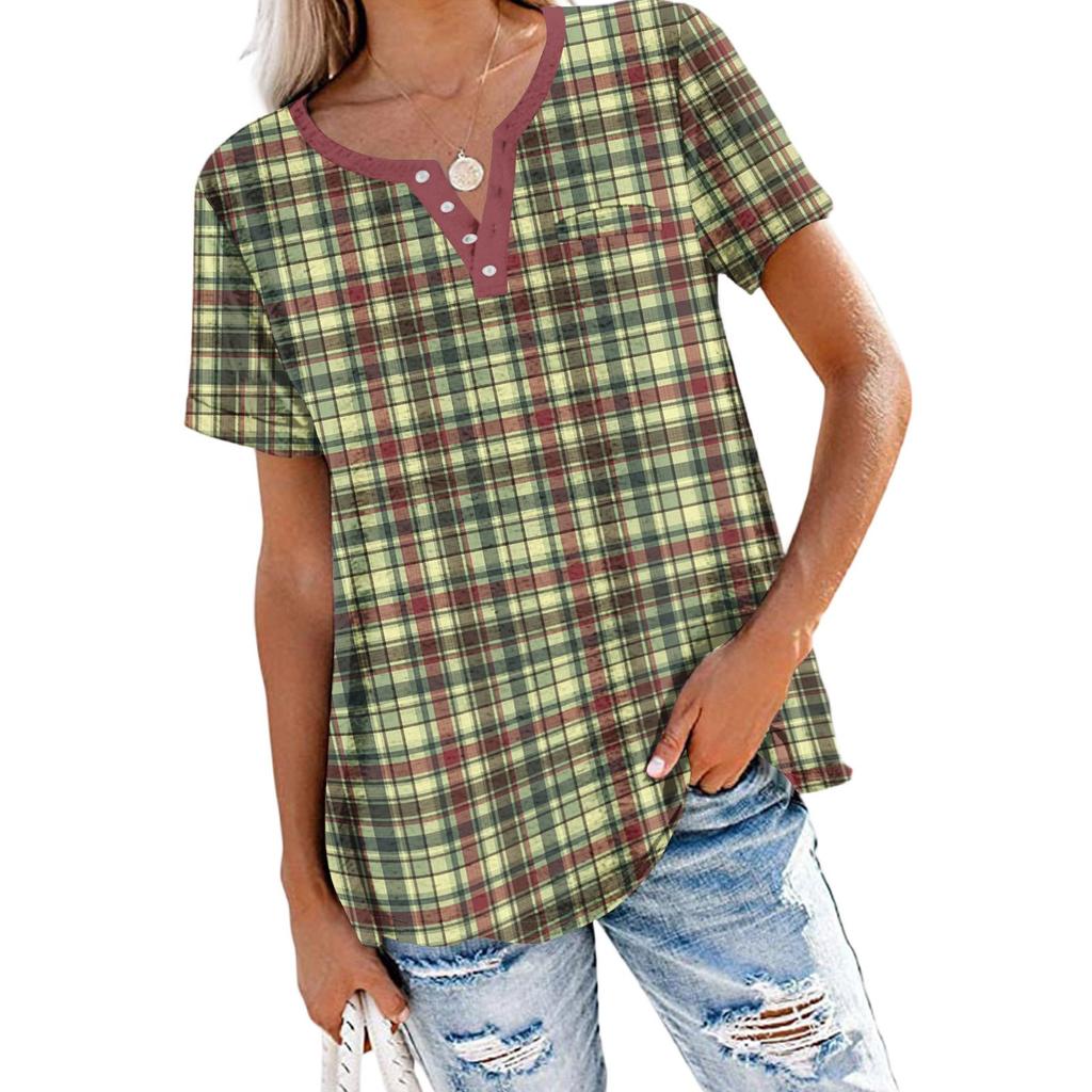 Modisches Lässiges Sommer-Karomuster V-Ausschnitt Knopf Kurzarm-Oberteil für Damen