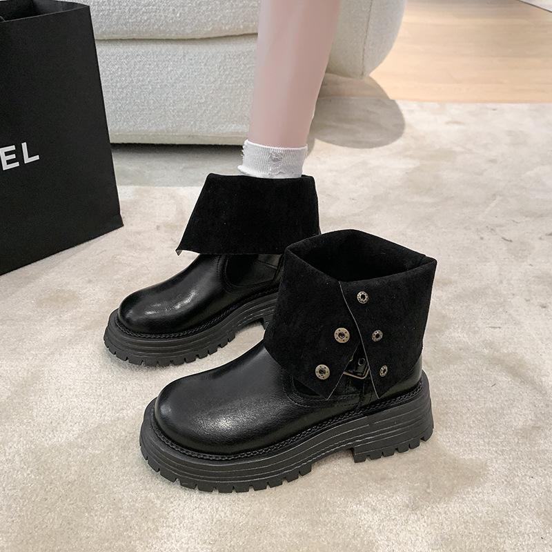 Thick-soled Maillard Mid-tube Short Boots Women's 2025 New British Style Belt Buckle Martin Boots Fashion Boots Black Brown