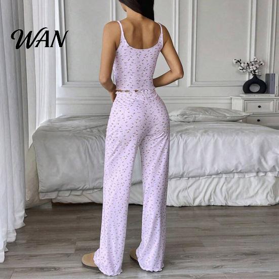 Sweet Floral Lounge Clothes for Weekend Women Pajamas Set with Print, Sleeveless U Neck Lightweight Sleep Sets Vacation Camisole And Pants,