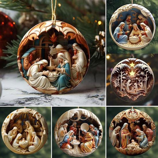 12 Pcs Nativity Scene Ornament Round Wooden Birth of Jesus Christian Keepsake Religious Hanging Pendant for Christmas Home Car Decor