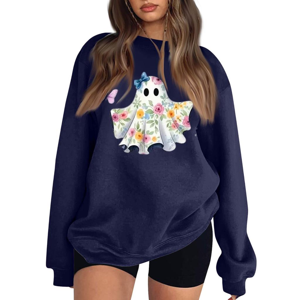 Women's Long Sleeve Neck Sweatshirt Loose Fit Casual Pullover Top, Color and Halloween Small Print