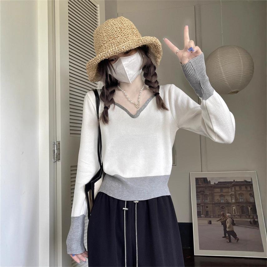 Lazy color matching v-neck knitted sweater women's clothing autumn new versatile explosive sweater winter