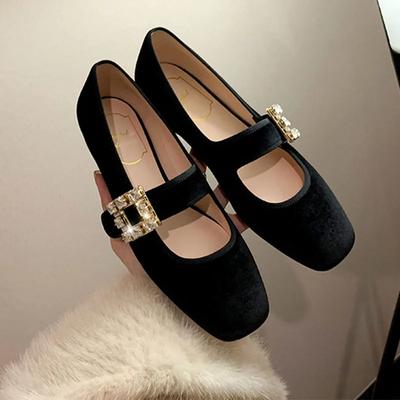 Women Mary Jane Shoes Soft Ballet Flats Black Velvet Patent Leather Shoes Rhinestone Square Buckle Strap Pumps Lady Work Shoes