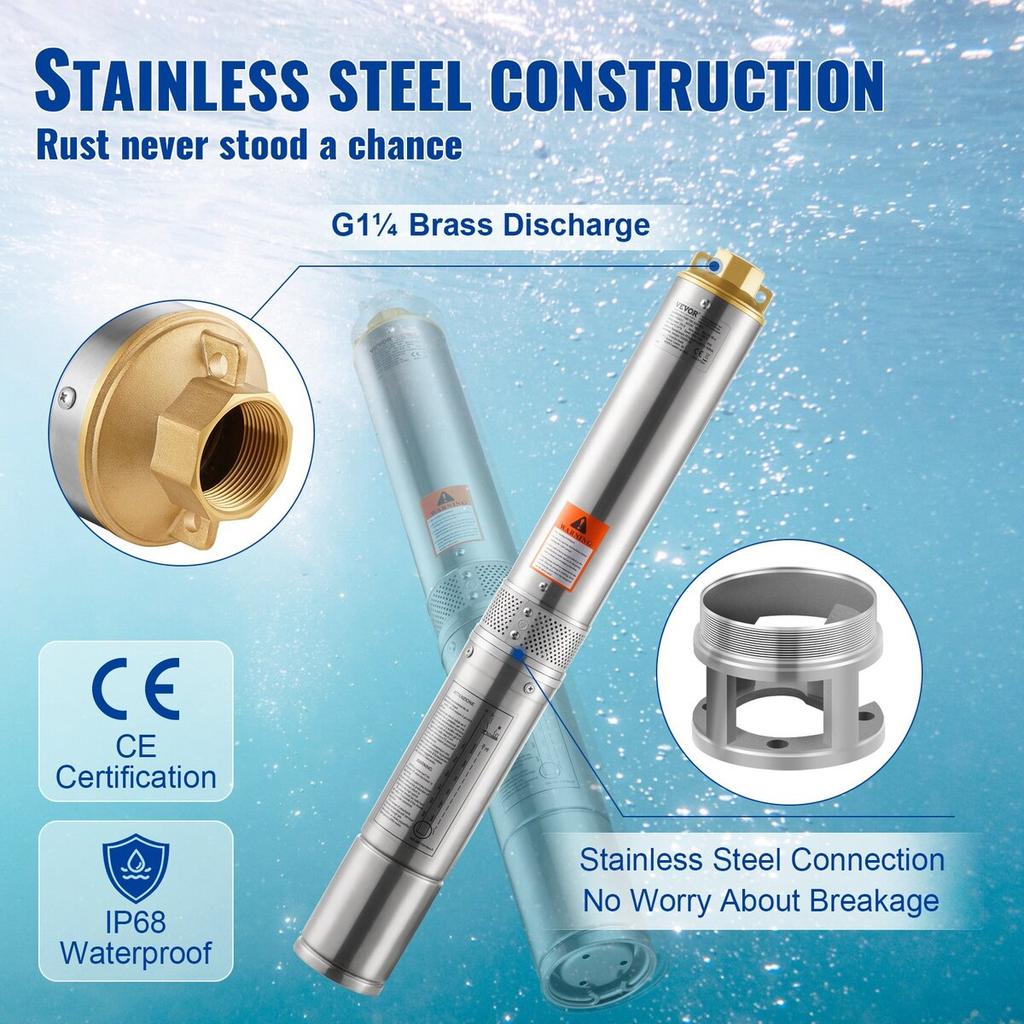 Deep Well Submersible Pump Stainless Steel Water Pump 370W 5.3 M³/h 50 M