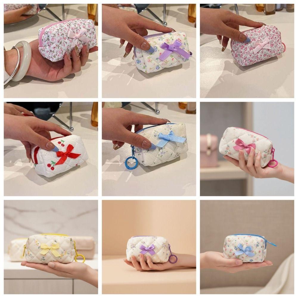Embroidered Bowknot Quilted Cosmetic Pouch Floral Print Small Coin Purse Teenage Girls