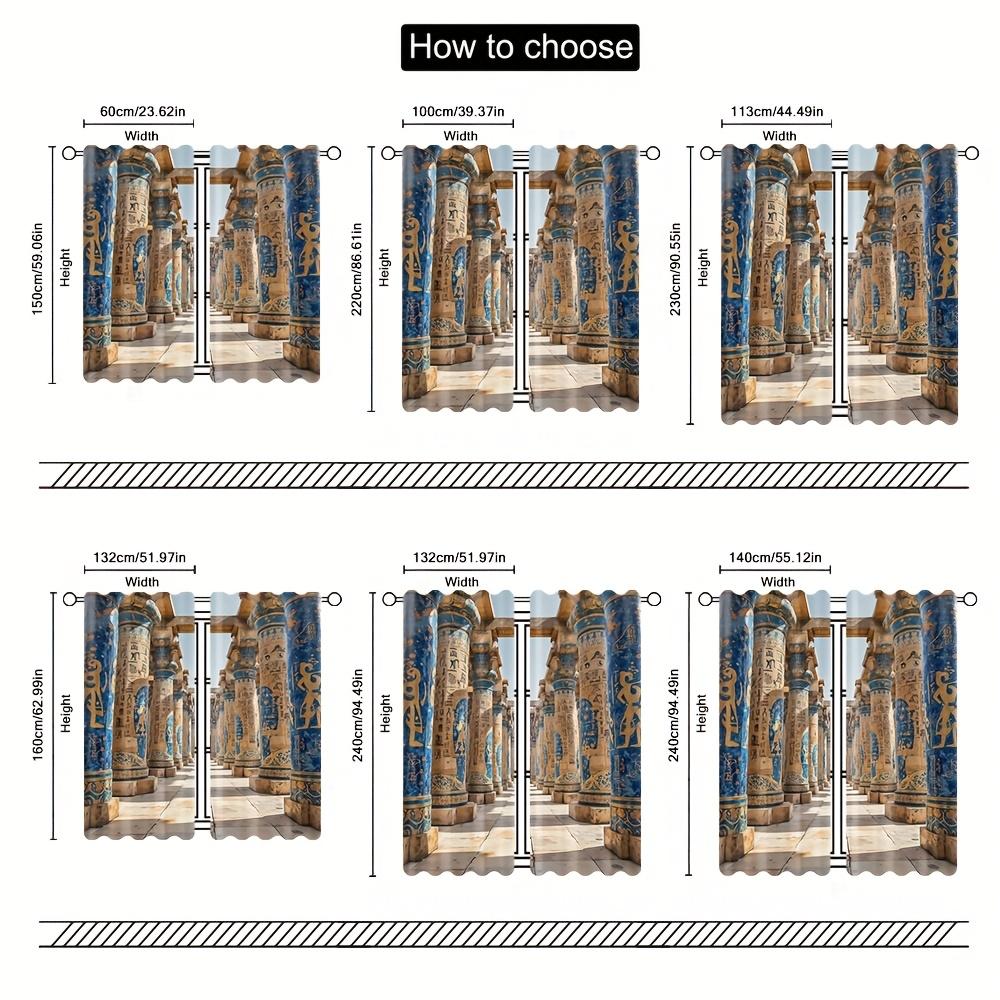 2 Stück Ägyptische Palastvorhänge - 2D Flachdruck   Blau & Goldenes Hieroglyphen-Design   Halbtransparentes Polyester für das Wohnzimmer