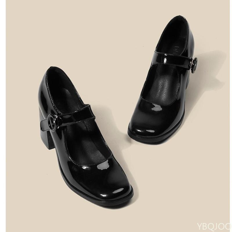 Fashion Thick Heeled Square Toe Women's Shoes Black High Heels with a Single Button Thick Heels Simple Versatile Comfortable Single Shoe