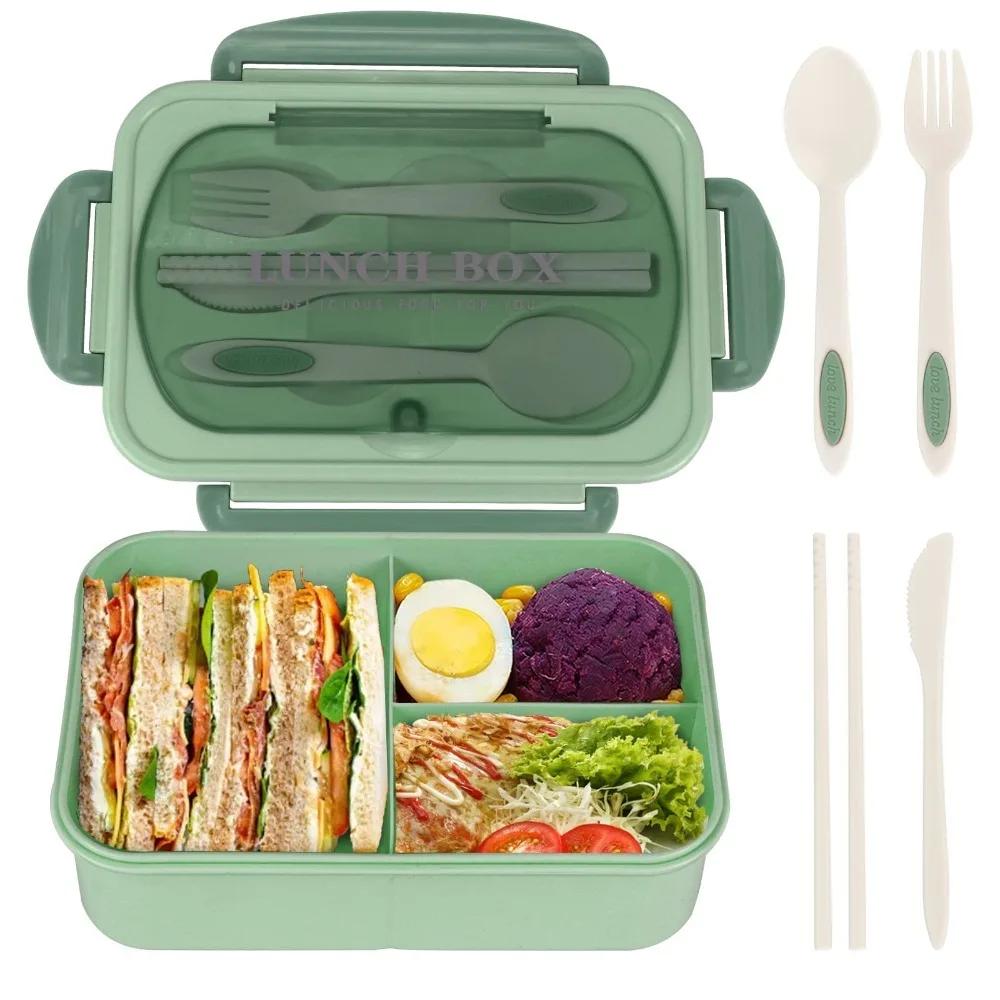 Boîte à lunch étudiante durable avec couverts, étanche, micro-ondable, récipient de stockage alimentaire rectangulaire 1200 ml, boîte de pique-nique, camping